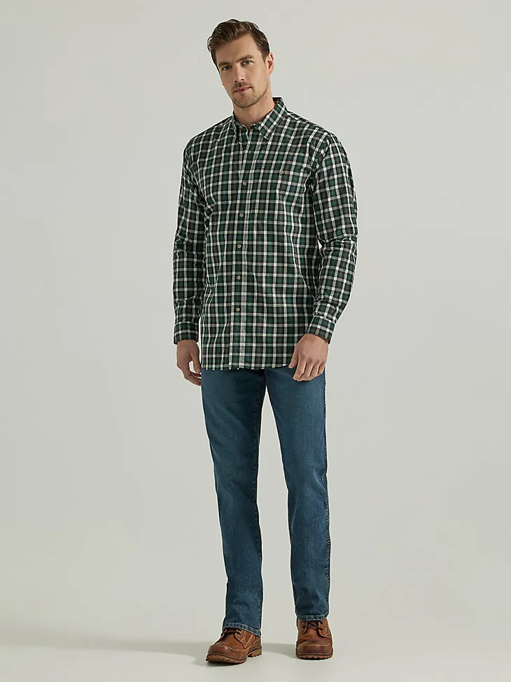 WRANGLER RUGGED WEAR® LONG SLEEVE WRINKLE RESIST PLAID BUTTON-DOWN SHIRT IN TEAL NAVY