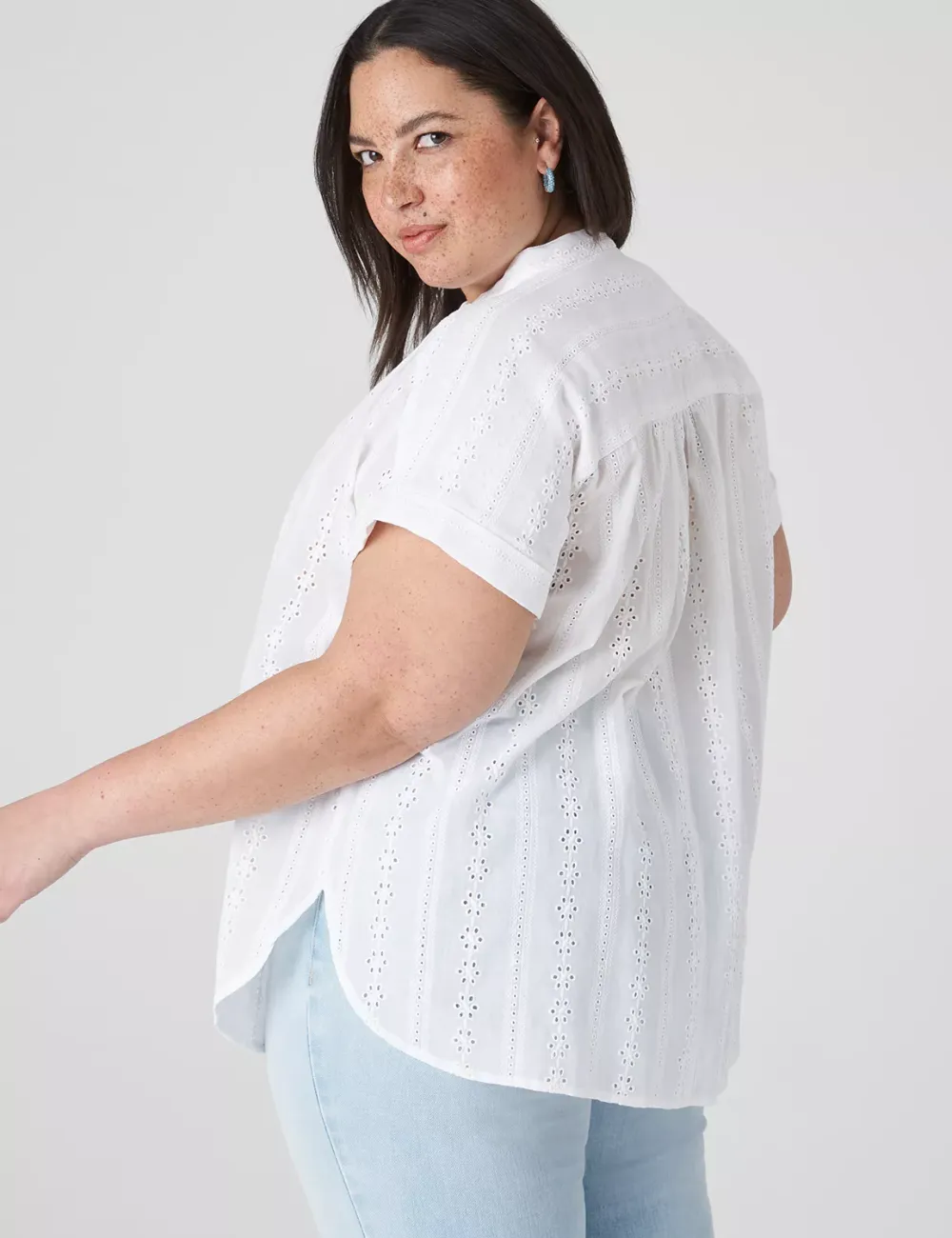 Short-Sleeve Eyelet Popover Blouse