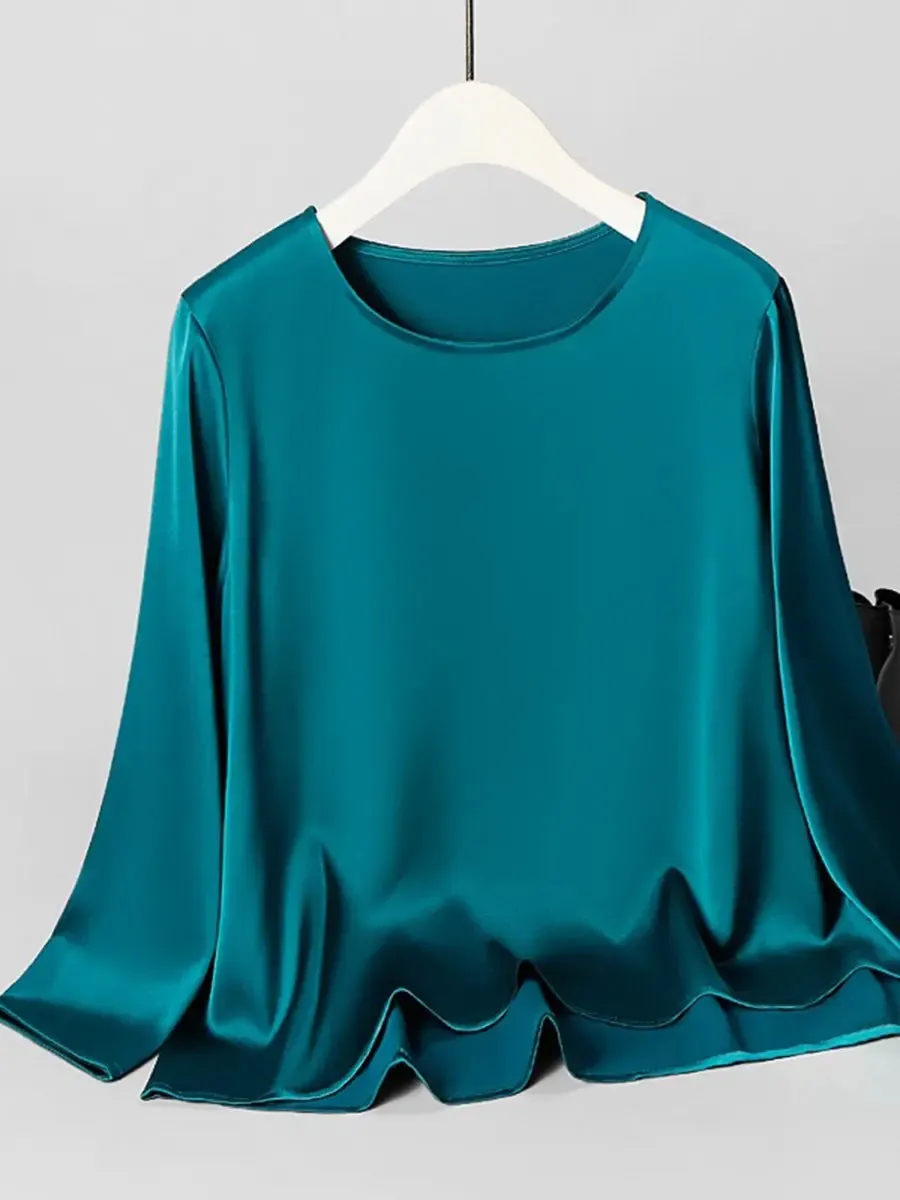 Women's round neck peacock green satin silky blouse