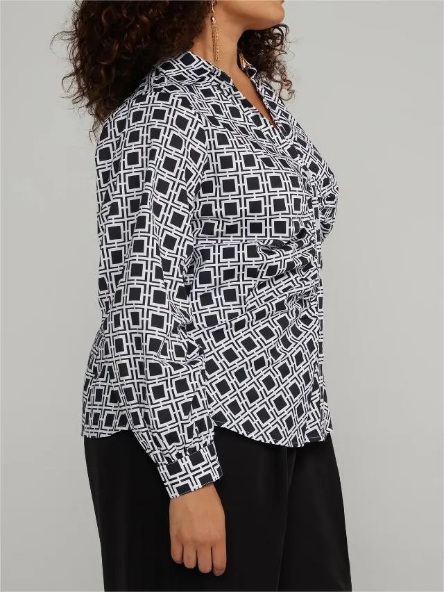 Button-Front Printed Ruched Shirt