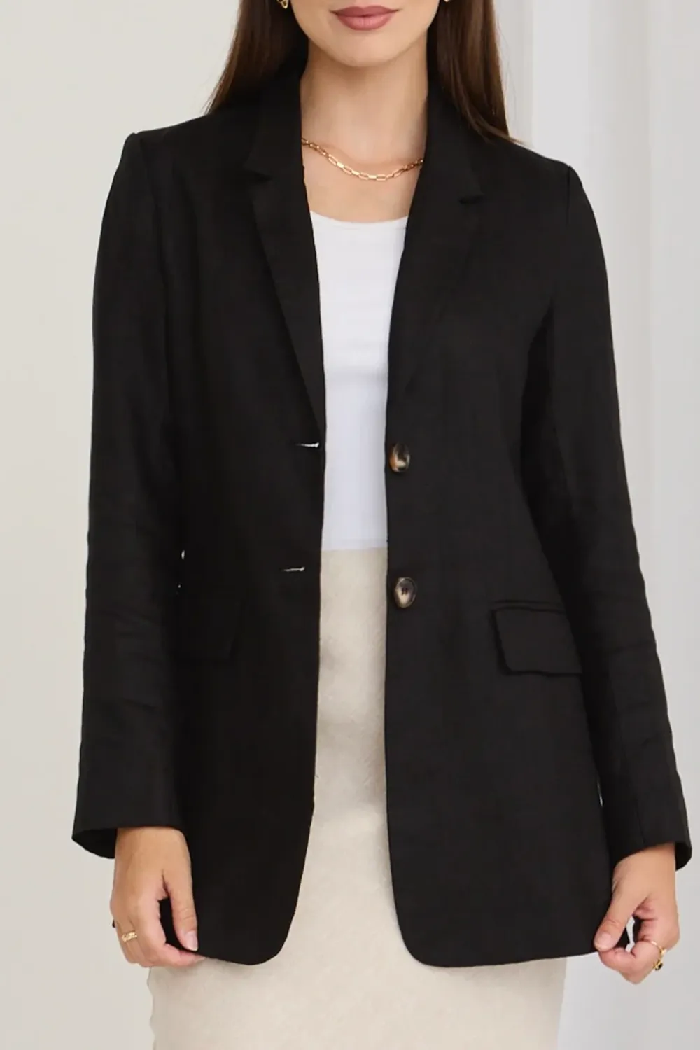 Aster Black Linen Single Breasted Longline Blazer