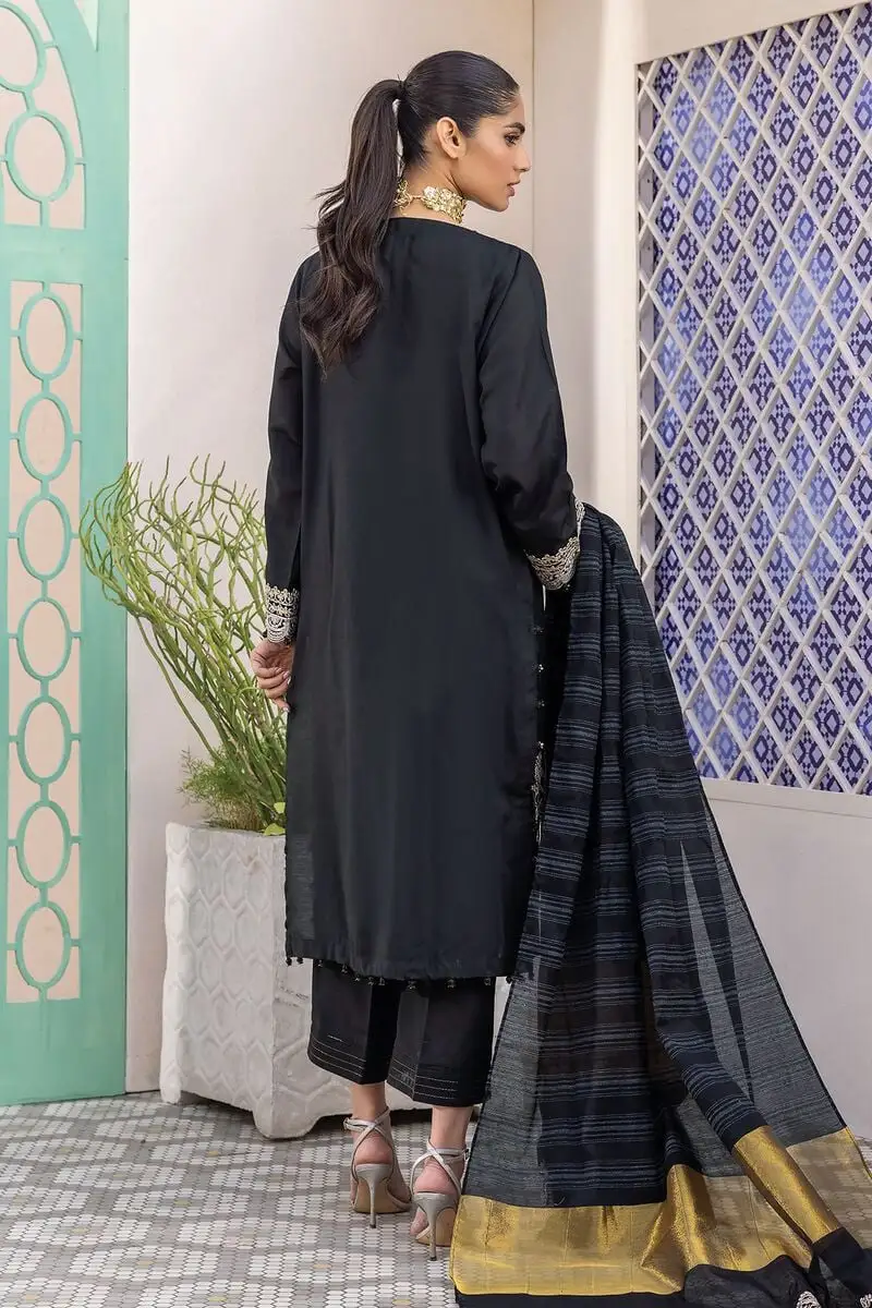 3 Piece Kurta Embroidered | Dupatta& Bottom & Tops | Color Black