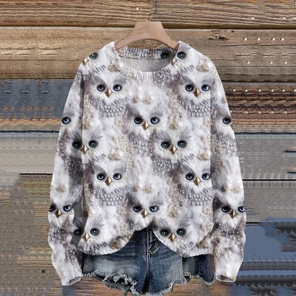 Christmas Gift Owl Art Print Knit Pullover Sweater