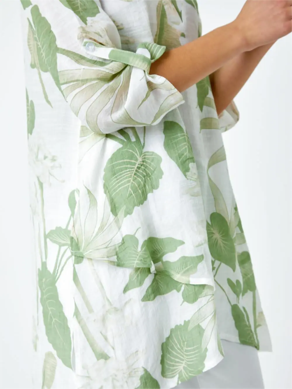 Green Palm Print Wrap Hem Tunic Top