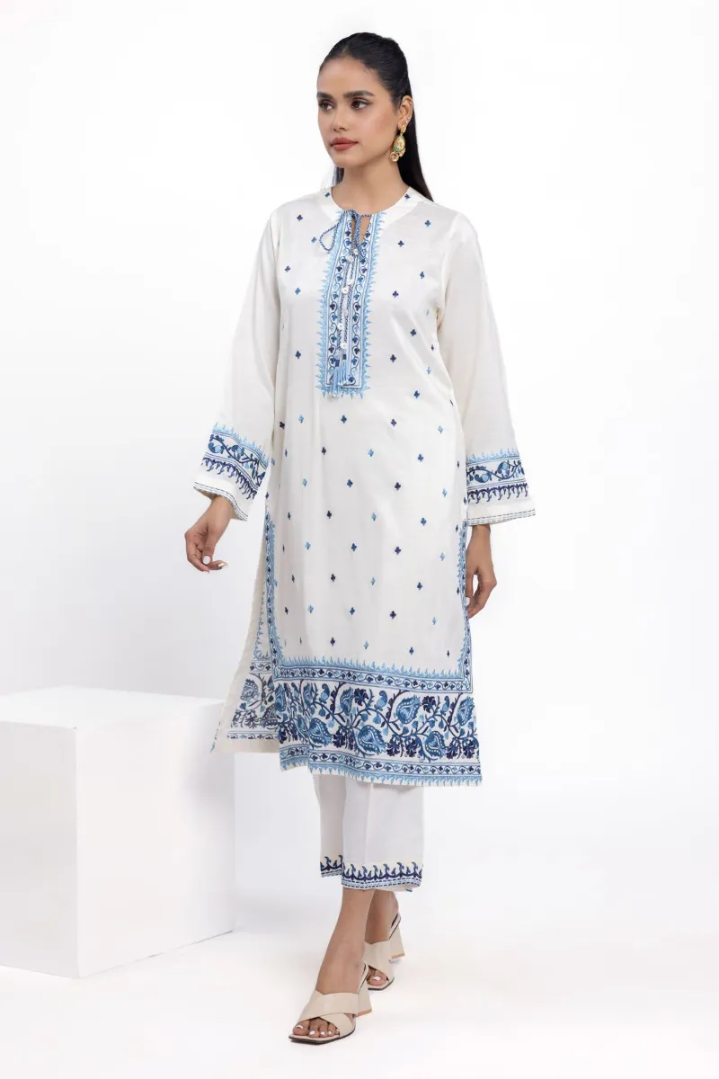 2 Piece Kurta | Embroidered & Pants | White and blue