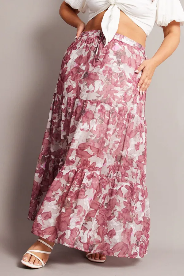 Pink Floral Elastic Waist Chiffon Maxi Skirt