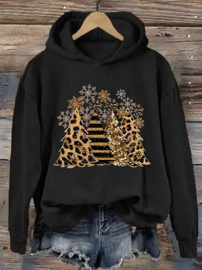 Women's Leopard Stripe Christmas Tree Print Casual Hooded Sweatshirt