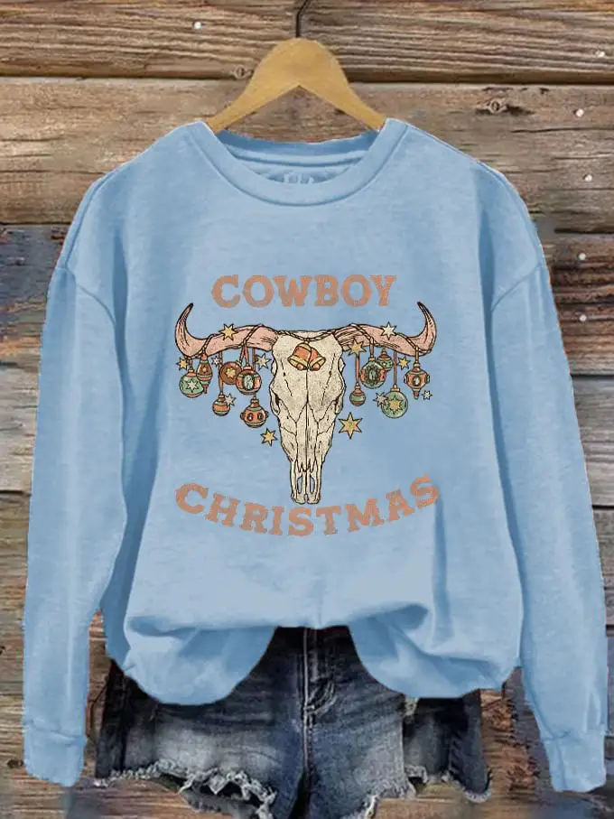 Women's Cowboy Christmas Bull Head Printed Sweatshirt