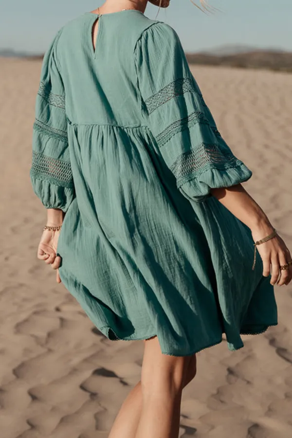 SERENDIPITY EMBROIDERED DRESS IN LIGHT TEAL