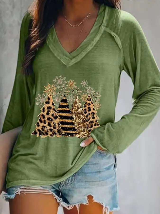 Women's Leopard   Tree Print V-Neck Long Sleeve T-Shirt