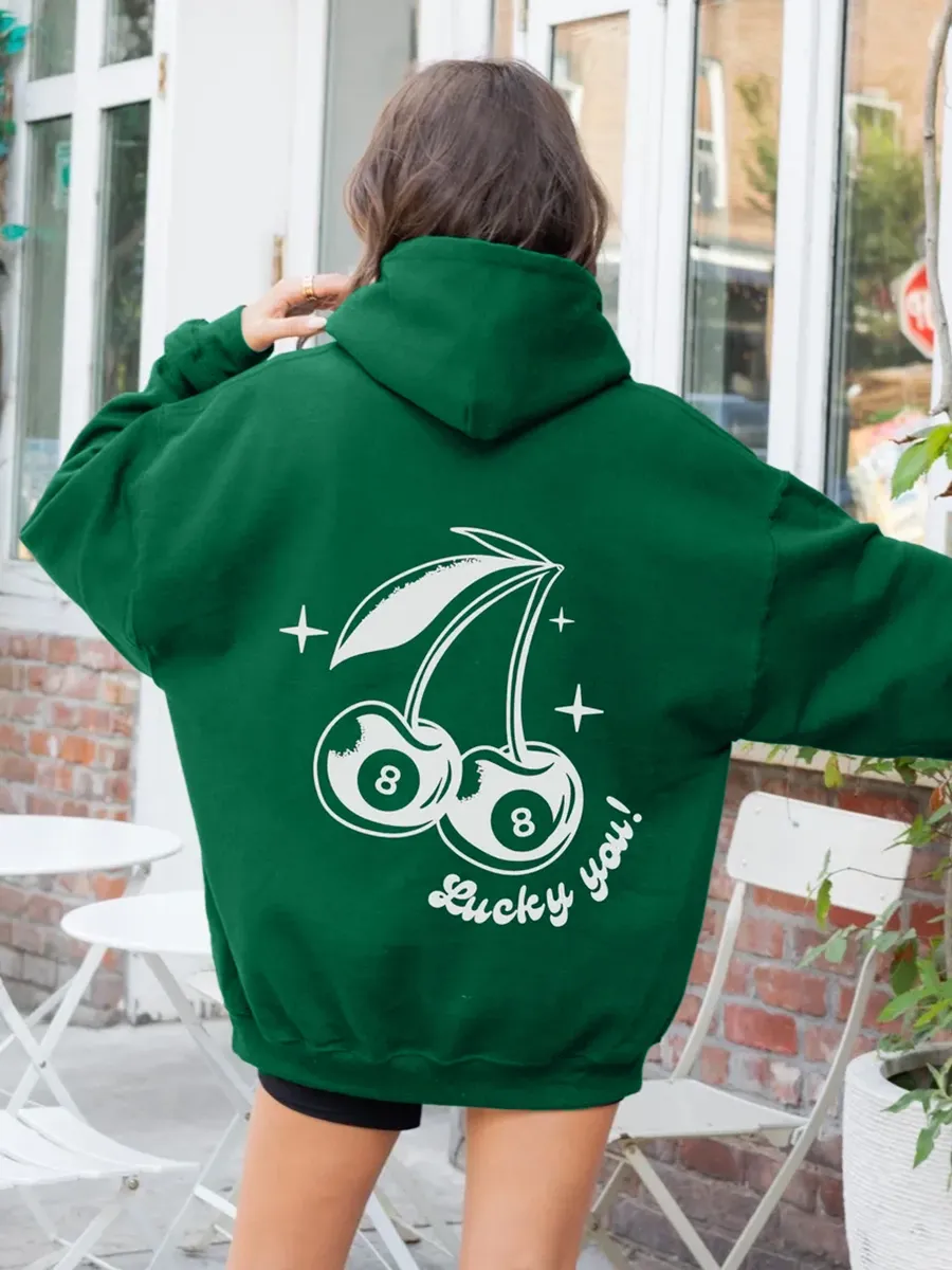 Lucky You Cherries Hoodie. Cool girl hoodie. Boho trendy aesthetic women's vintage cherries hoodie. Cherry 8 Ball Hoodie. Front and back.