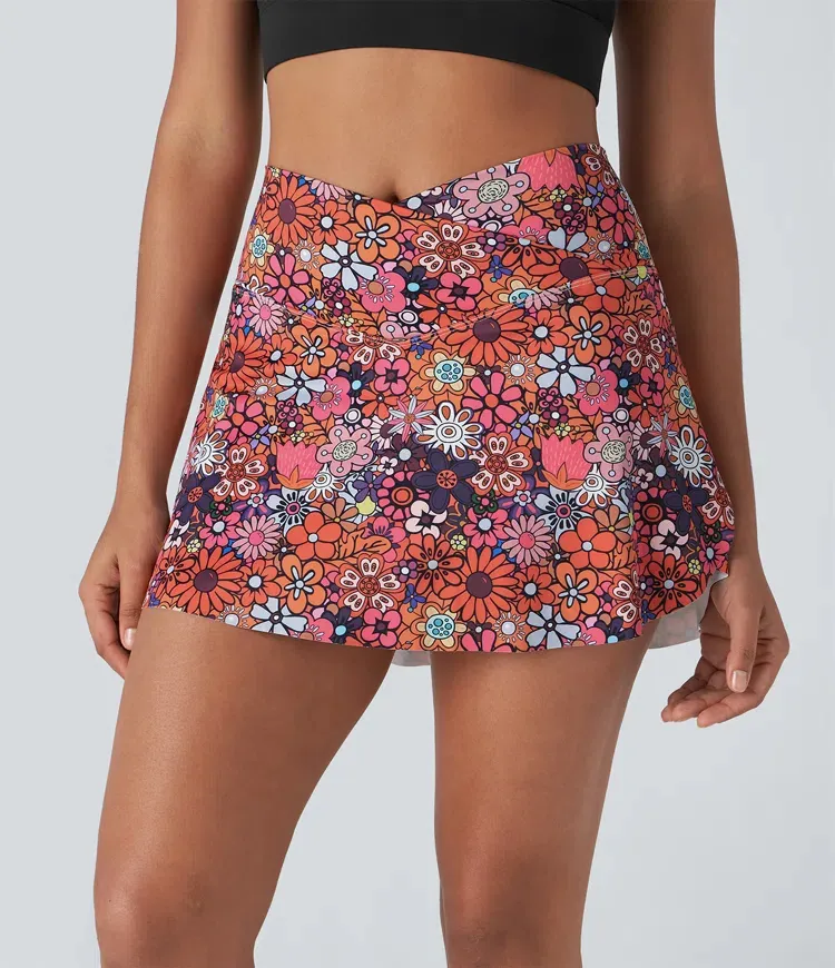 Crossover 2-in-1 Side Pocket Floral Print Pickleball Skirt