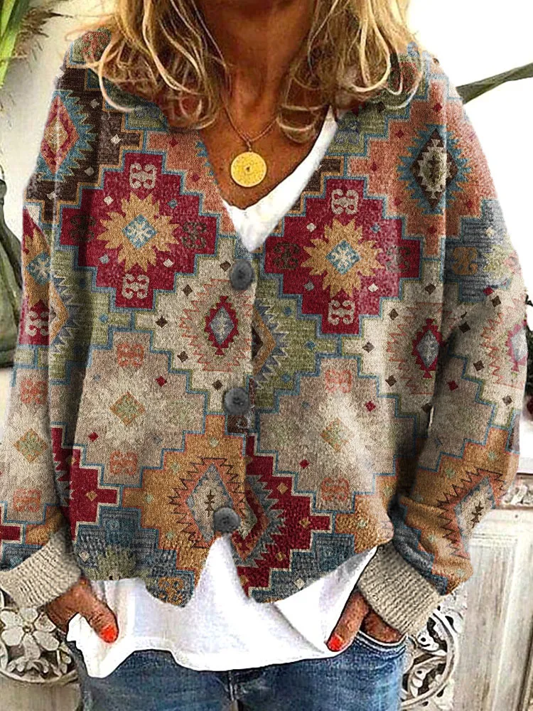 Western Ethnic Print Casual Knit Cardigan