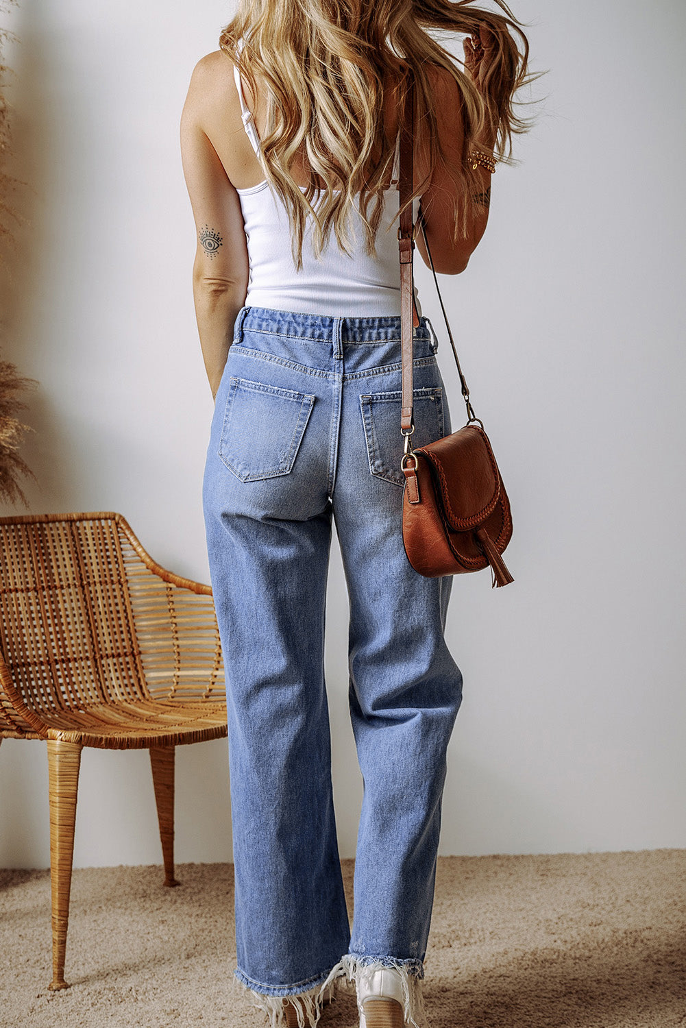 Blue Distressed Raw Hem Straight Leg High Waist Jeans