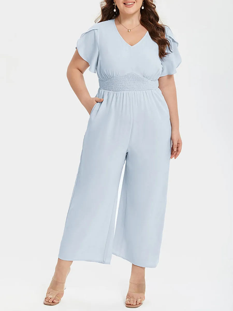 Plus Patchwork V-Neck Tulip Sleeve Pocket Jumpsuits