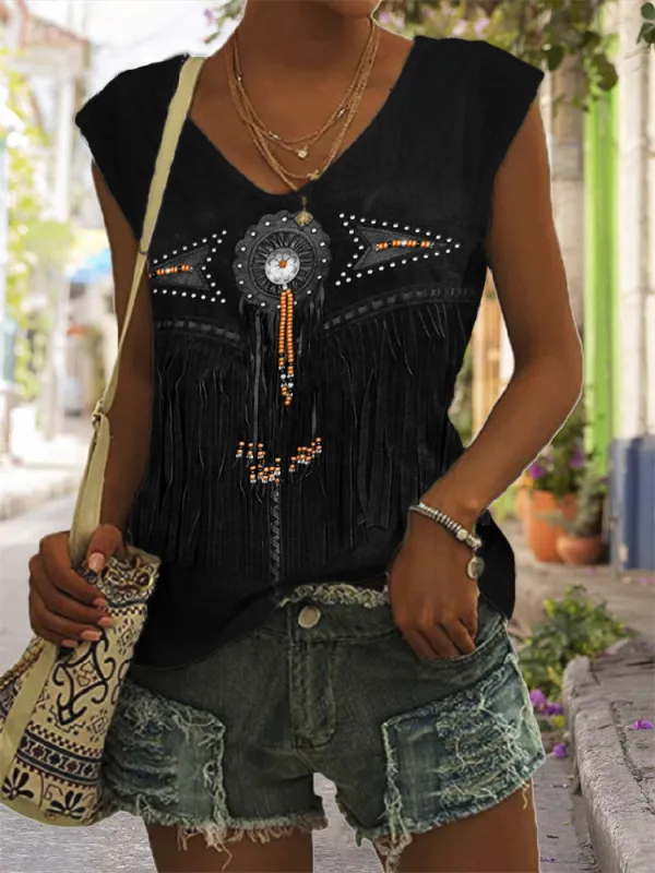 Western Turquoise Leather Art Graphic V Neck Tank Top