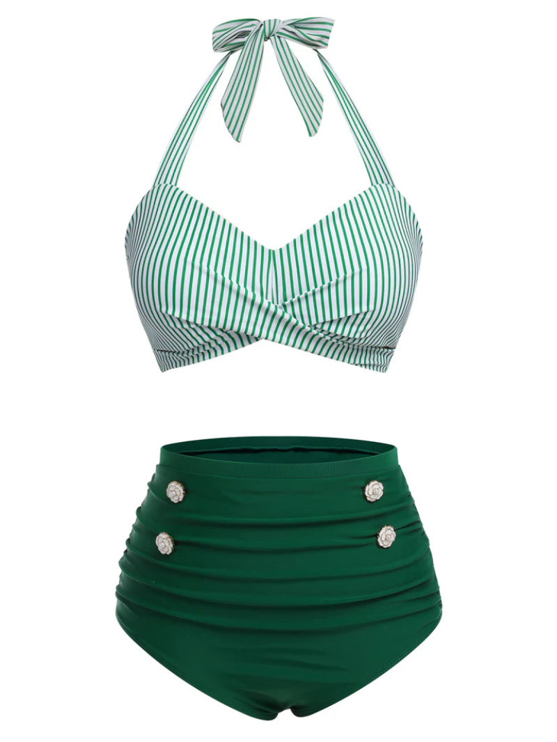 GREEN 1940S STRIPED HALTER SWIMSUIT SET