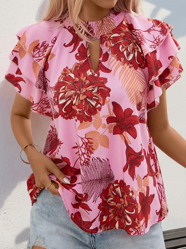 Women's ruffled sleeve printed shirt