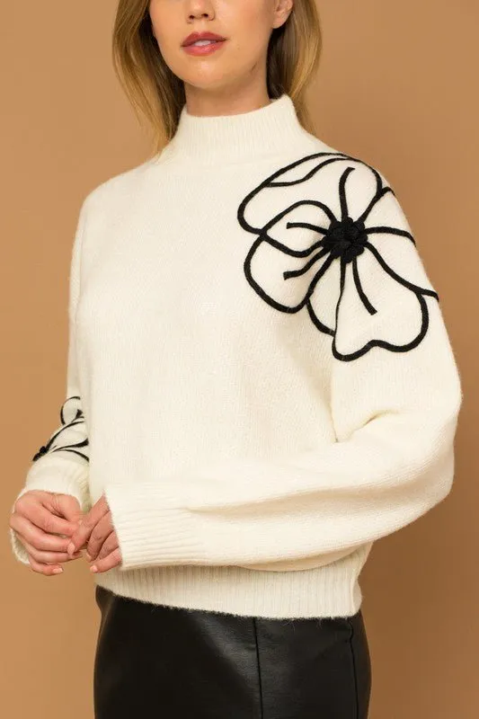 Flower Embroidered Mock Neck Sweater