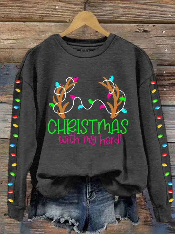 Women's Christmas With My Herd Print Crew Neck Sweatshirt