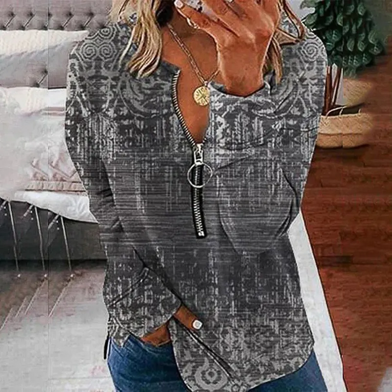 V-Neck Zip-Up Vintage Print Casual Sweatshirt