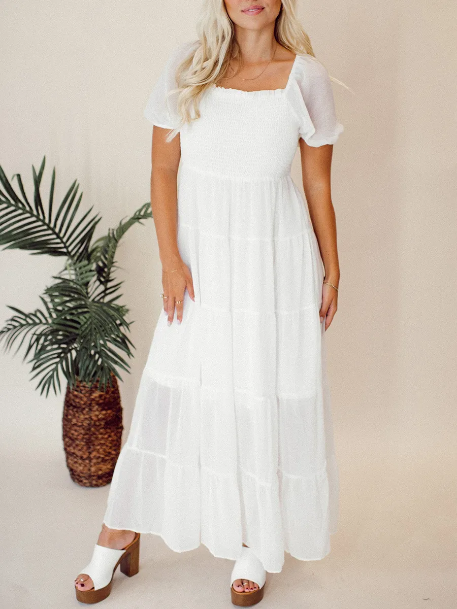 Square neck bubble sleeve layered extra long skirt