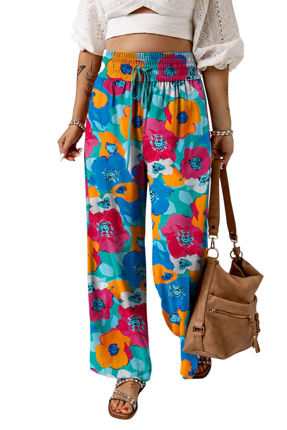 Drawstring Wide Abstract Floral Print Waistband Pants