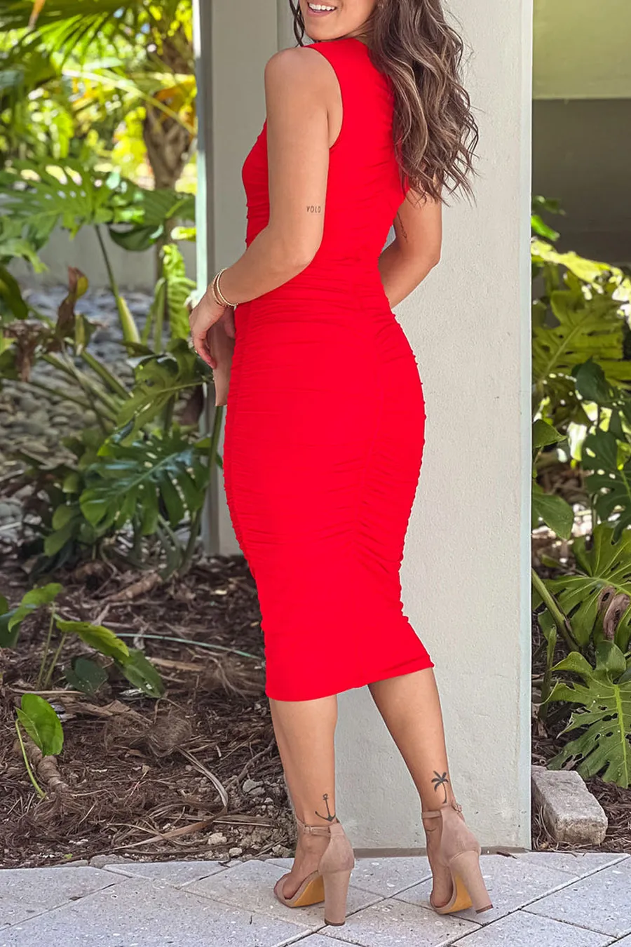 Red Mesh Ruched Midi Dress