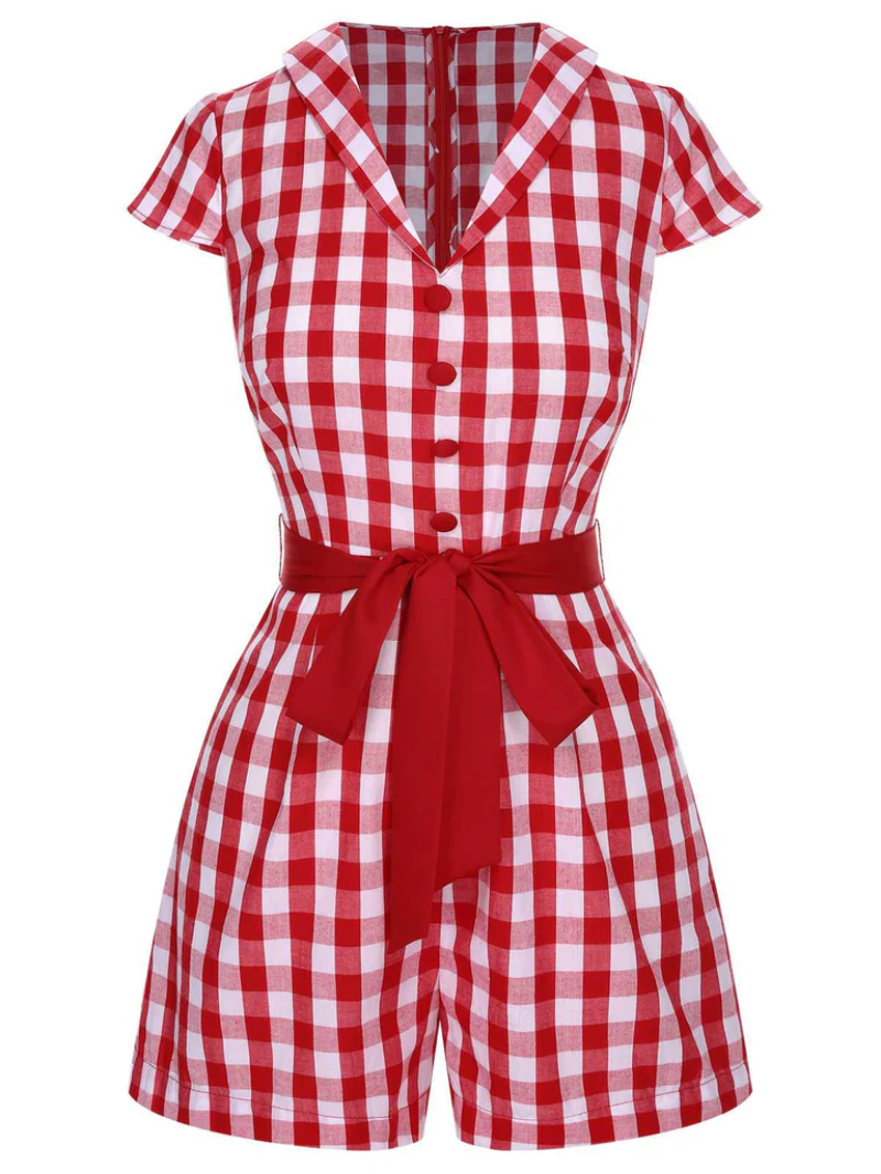 RED 1940S LAPEL PLAIDS BELTED ROMPER