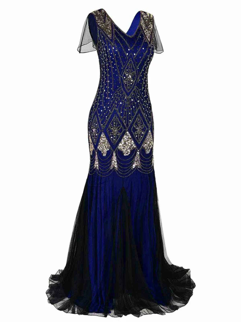 BLUE 1920S SEQUINED MAXI FLAPPER DRESS-US WAREHOUSE