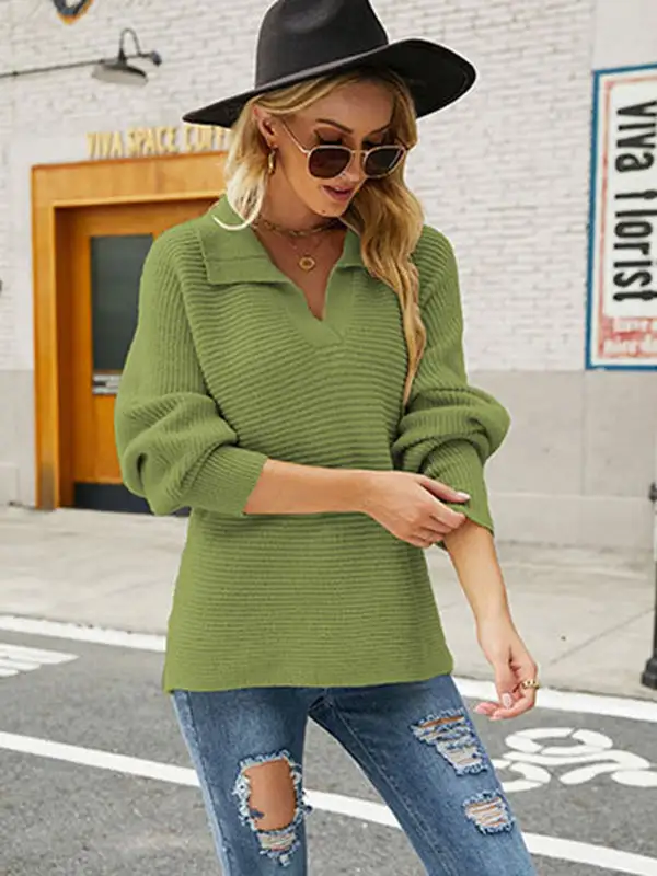 Long Sleeves Solid Color Lapel V-Neck Sweater Tops