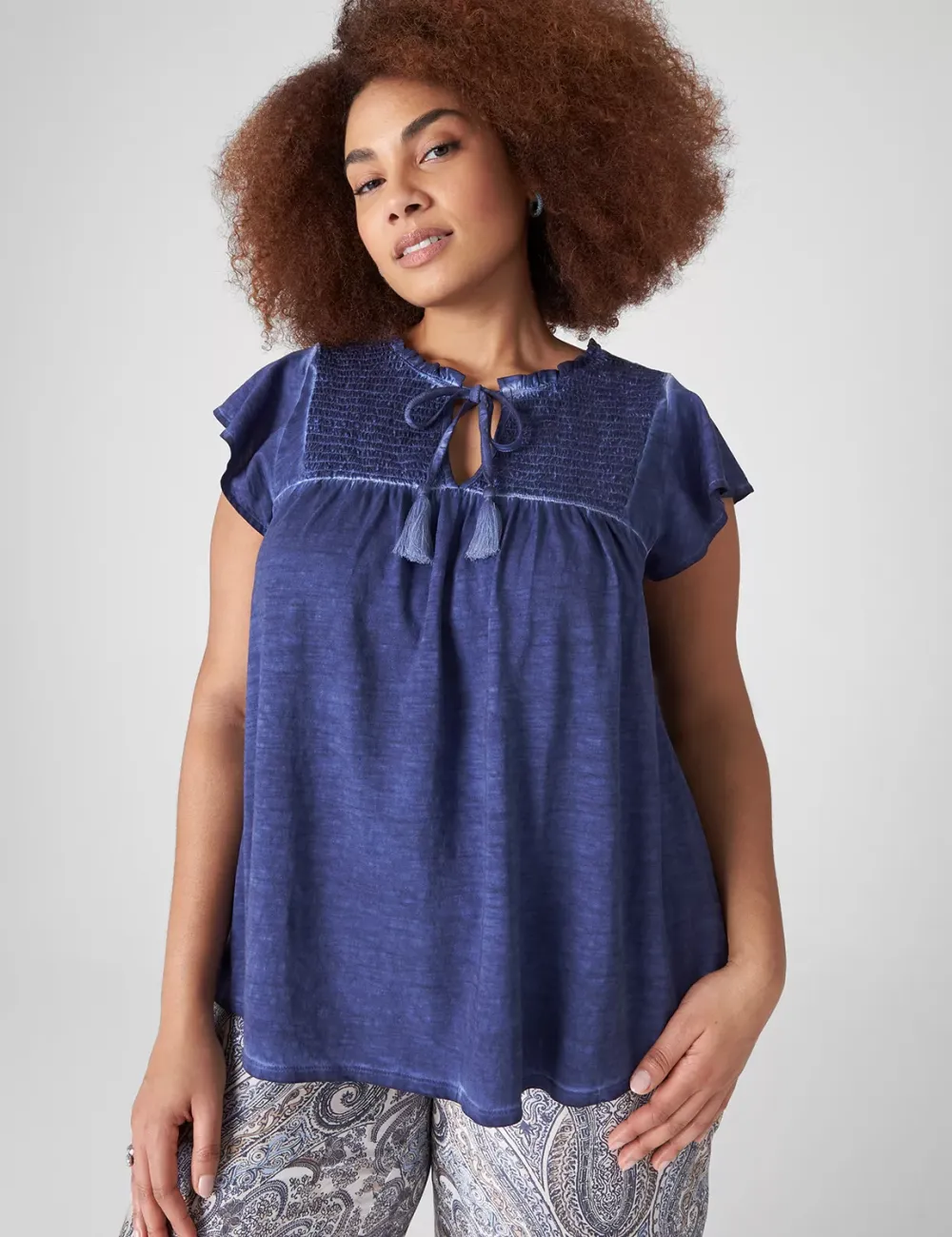 Swing Ruffle-Neck Smocked-Yoke Tee