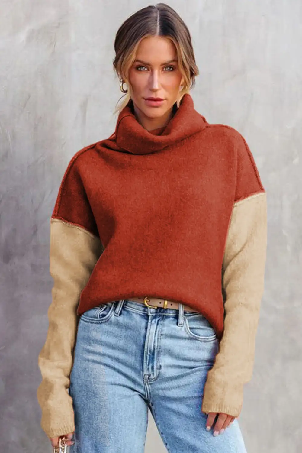 Color Block Turtle Neck Drop Shoulder Knit Sweater