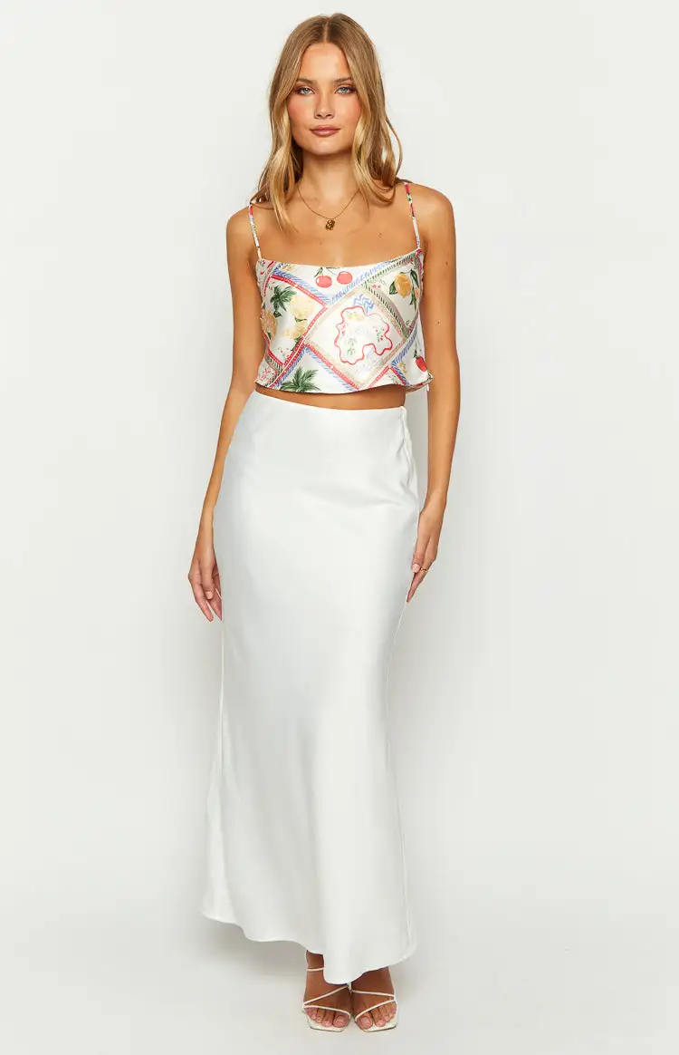 Milliana White Satin Roma Print Crop Top