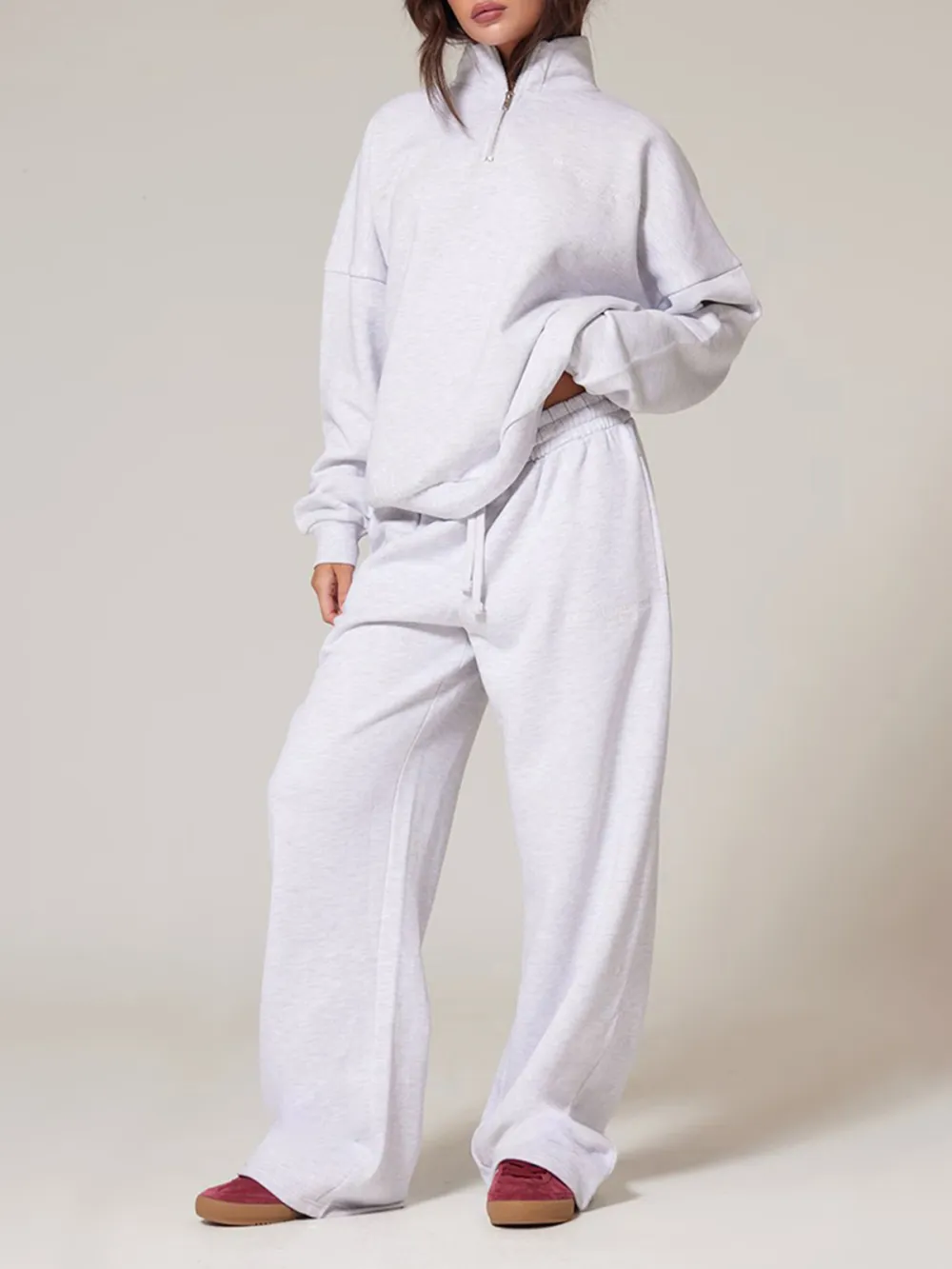 Ash Grey Premium Embroidered Oversized Wide Leg Sweatpants