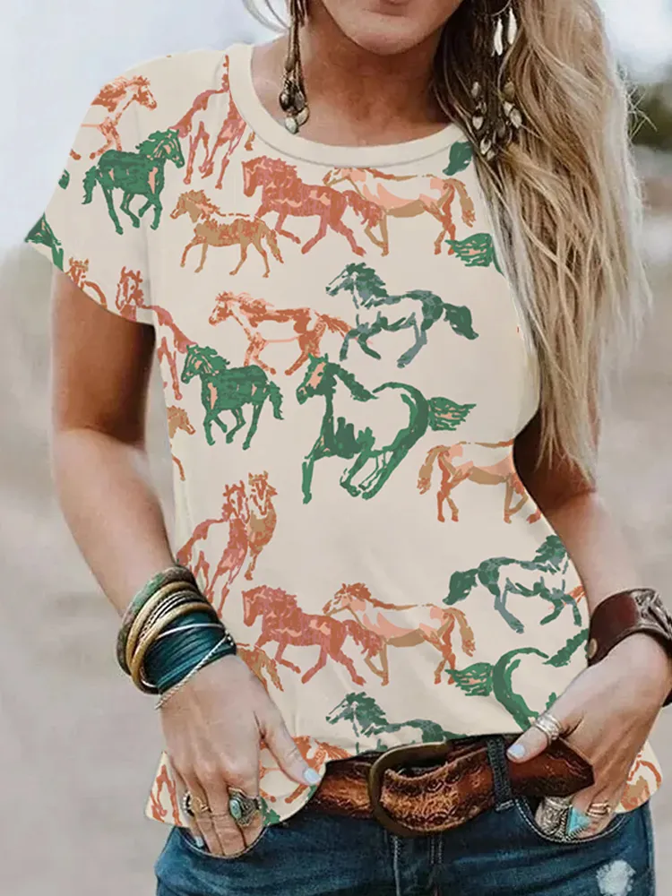 Western Galloping Horse Graffiti Print T-Shirt