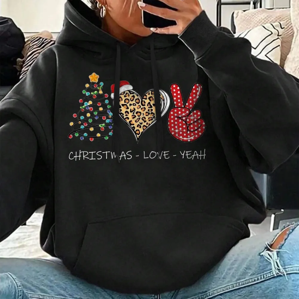 CHRISTMAS LOVE PEACE PATTERN PRINTED HOODIE