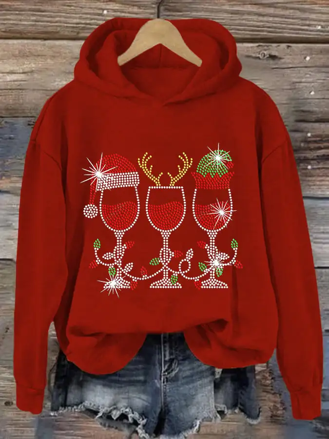 Women's Christmas Elf Deer Santa Hat Red Wine Glass Print Hoodie