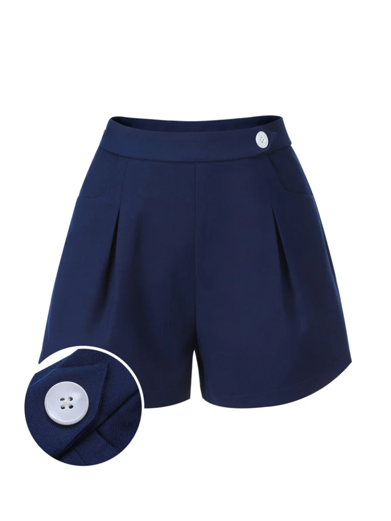 NAVY BLUE 1950S SOLID BUTTON SHORTS