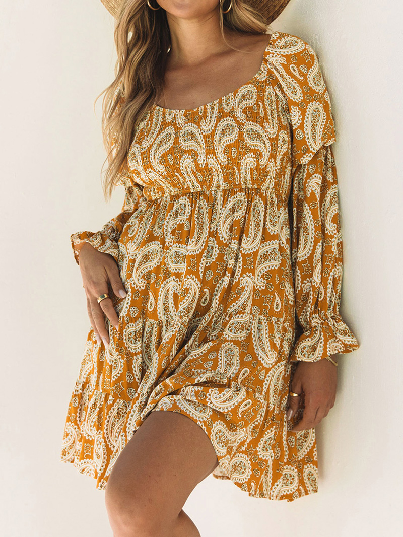 Yellow Boho Floral Collared Long Sleeve Ruffled Dress