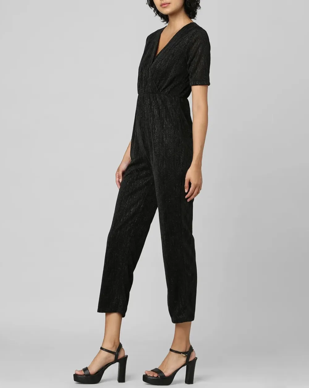 Black Wrapover Shimmer Jumpsuit