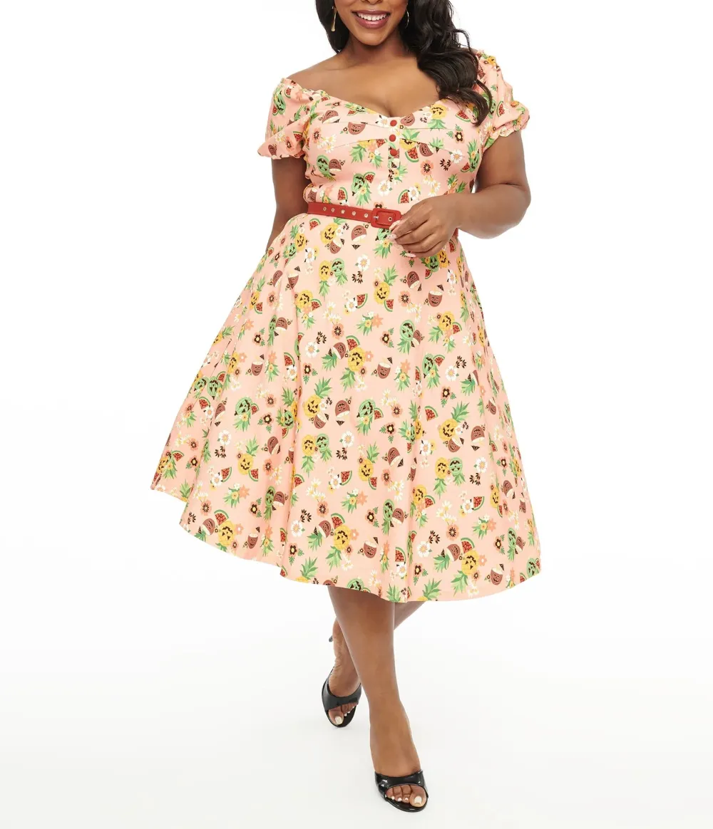 Unique Vintage Plus Size 1950s Pink Jack-O-Lantern Fruit Ohara Swing Dress