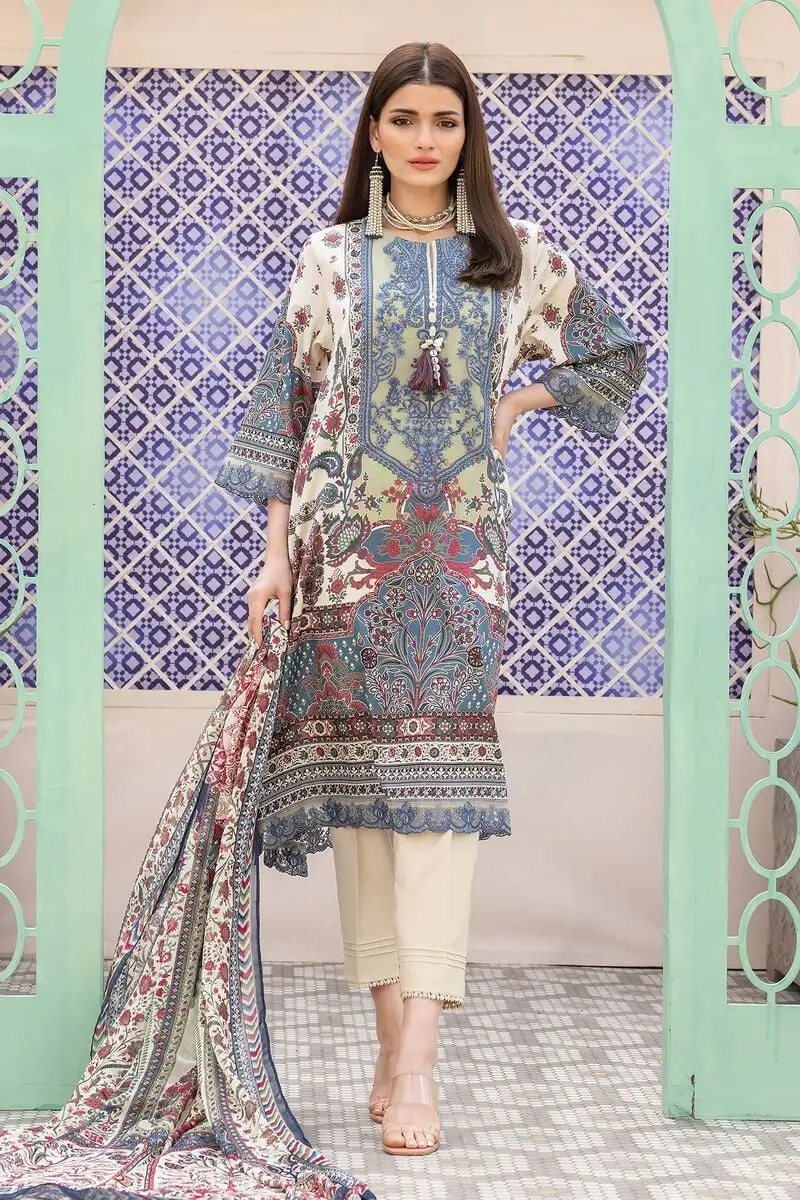 3 Piece Kurta Embroidered | Dupatta& Bottom & Tops | Color gray blue