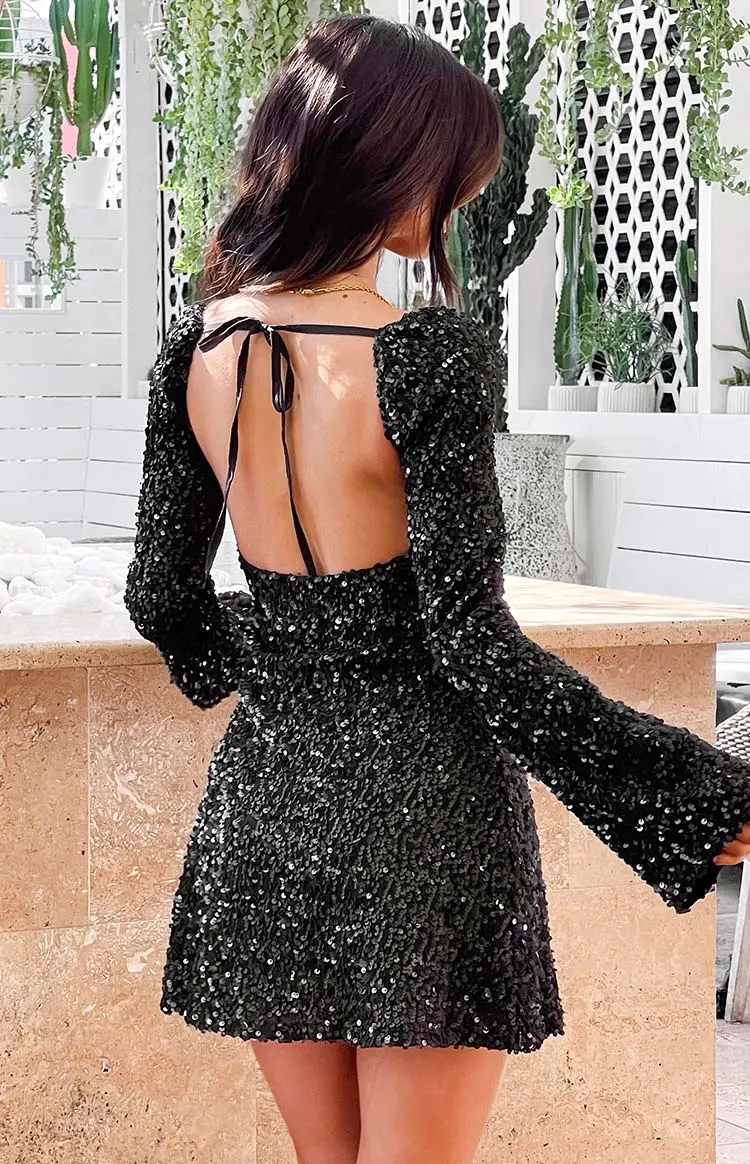 Marienne Black Sequin Long Sleeve Mini Dress