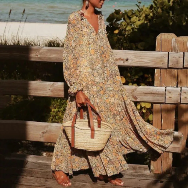 Floral Bohemian V Neck Long Sleeve Maxi Dress