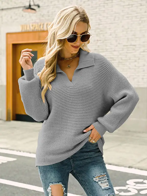 Long Sleeves Solid Color Lapel V-Neck Sweater Tops