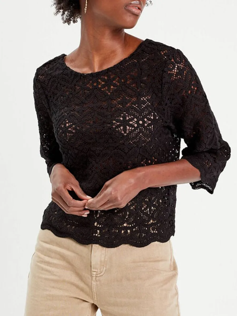 T-shirt manches 3/4 macramé noir femme