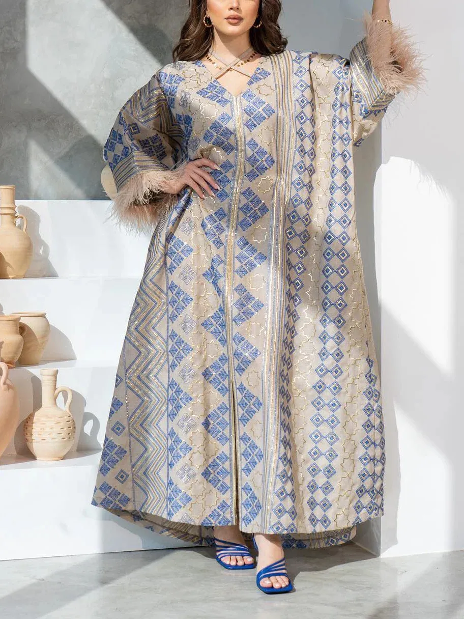 Geometric Pattern Embroidered Feather Kaftan