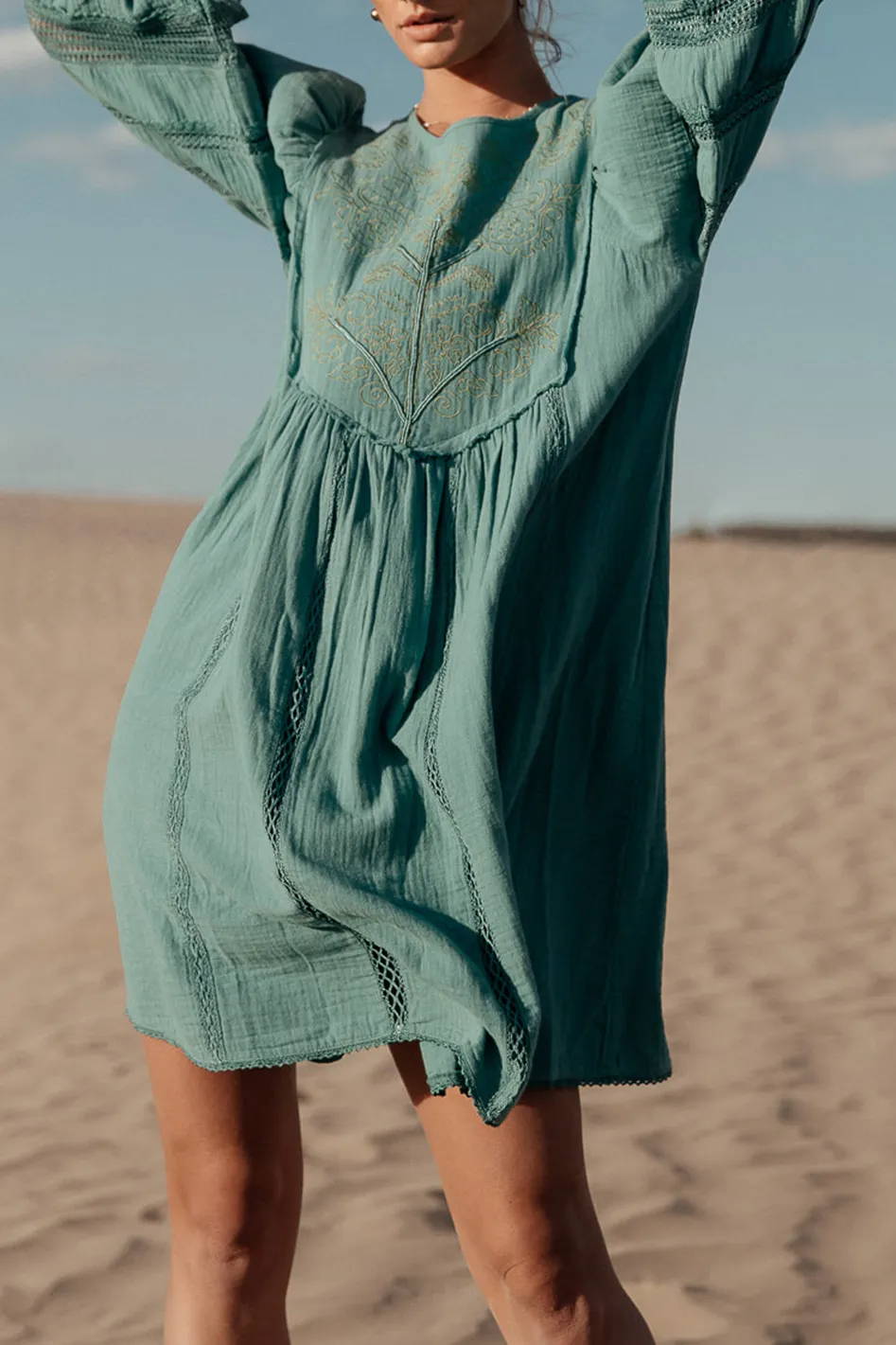 SERENDIPITY EMBROIDERED MIDI DRESS IN CREAM