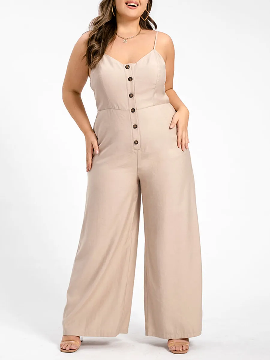 Plus V-Neck Button Pocket Cami Jumpsuit